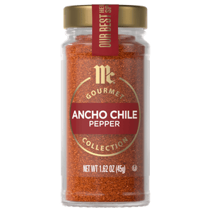 A jar of McCormick Gourmet Ancho Chile Pepper.