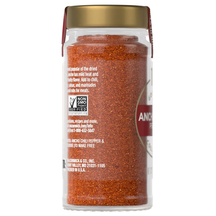 A jar of McCormick Ancho Chili Pepper is displayed, showcasing its vibrant red color and texture.