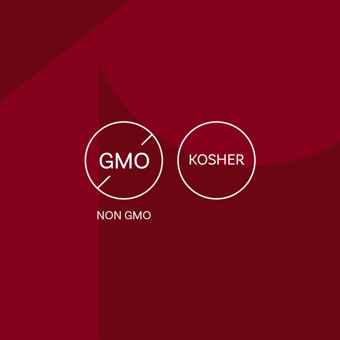 The image displays the Non-GMO and Kosher certification symbols, indicating the product meets these standards.