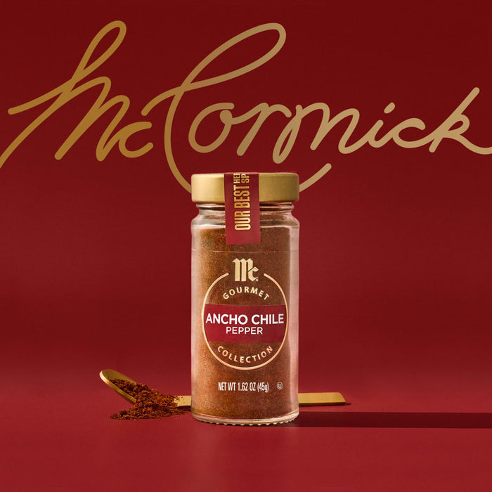 A jar of McCormick Culinary Chili Powder is displayed against a red background with the McCormick logo in gold.