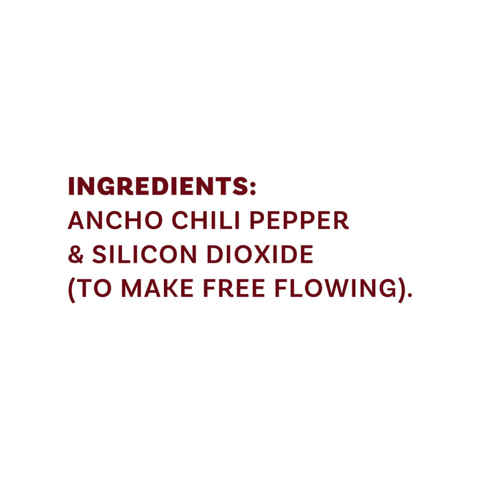 The image shows the ingredients list for a product, which includes ancho chili pepper and silicon dioxide to make it free-flowing.