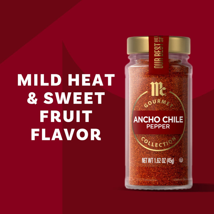 McCormick Ancho Chile Pepper is shown with the text Mild Heat &amp; Sweet Fruit Flavor.