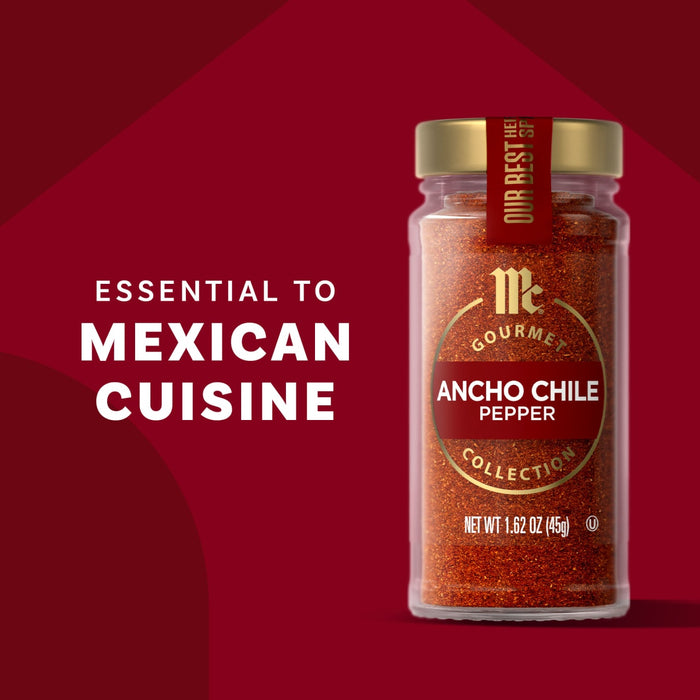 A jar of McCormick Gourmet Ancho Chile Pepper is displayed next to the text Essential to Mexican Cuisine.