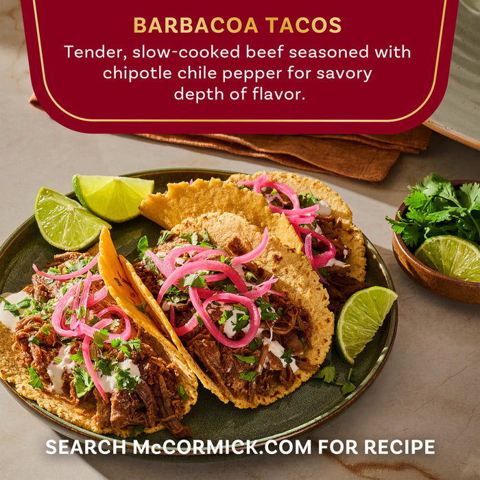 McCormick Barbacoa Tacos featuring tender, slow-cooked beef seasoned with chipotle chile pepper for savory depth of flavor.