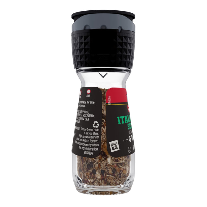 A McCormick Italian Seasoning Grinder with a black lid and a glass jar filled with herbs and spices.