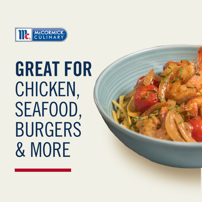 McCormick product advertisement featuring a dish with chicken, seafood, and burgers.