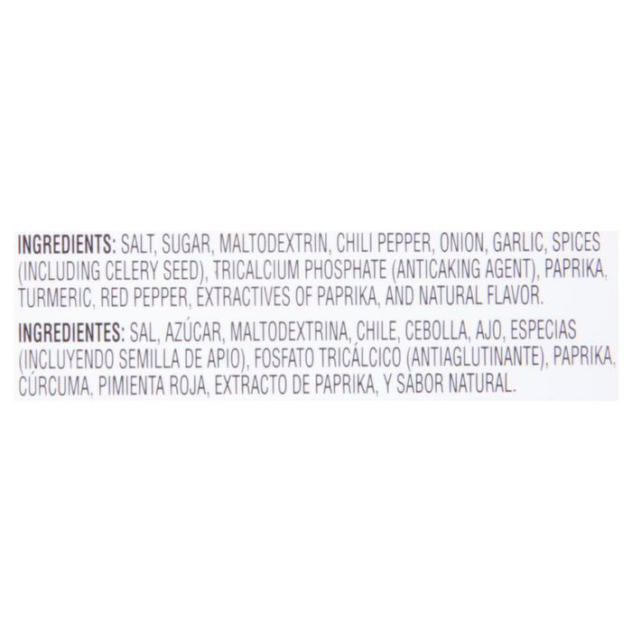 Ingredients list for a seasoning blend including salt sugar chili pepper onion garlic spices and natural flavor.