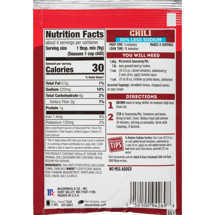 McCormick® Less Sodium Chili Seasoning Mix, 1.25 oz