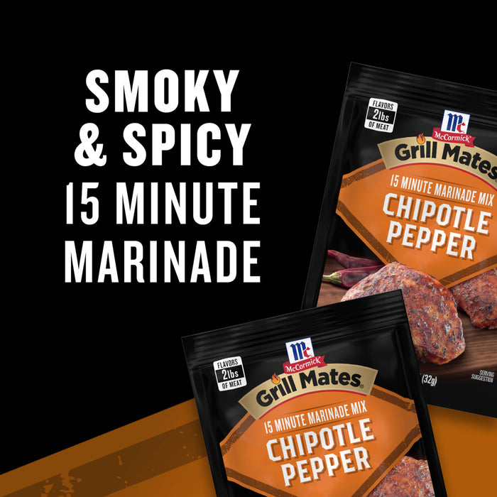 A package of Grill Mates Chipotle Pepper 15 Minute Marinade is featured, highlighting its smoky and spicy flavor.