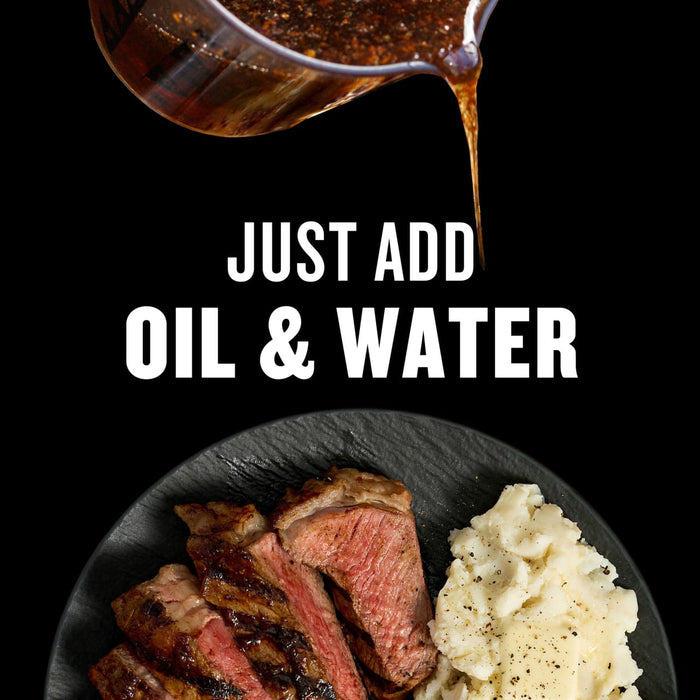 An advertisement featuring a sauce being poured over steak and mashed potatoes, with the text Just Add Oil &amp; Water.