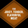 A brown diamond shape with the text For Juicy, Tender, Flavorful Meat.