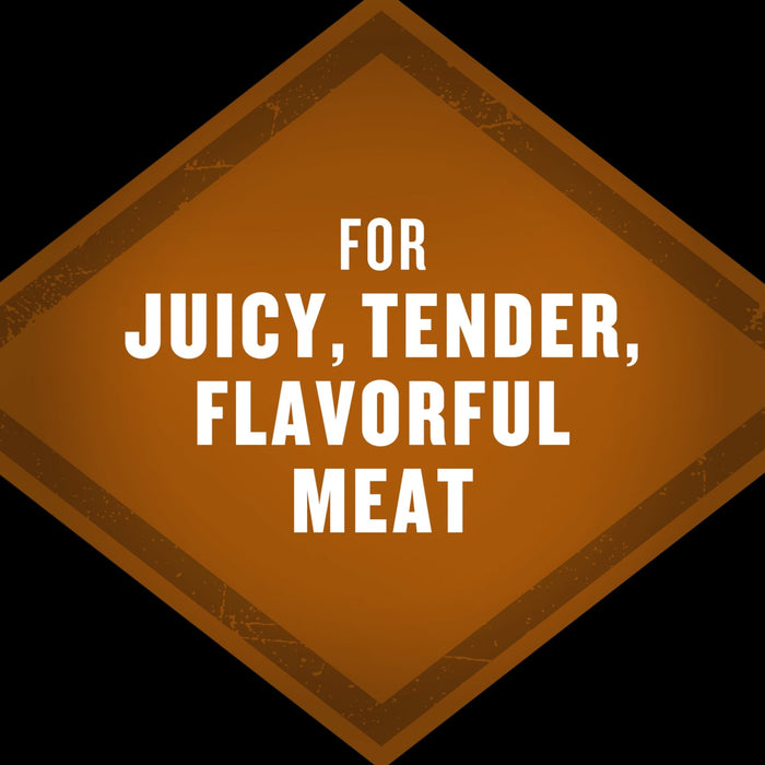 A brown diamond shape with the text For Juicy, Tender, Flavorful Meat.