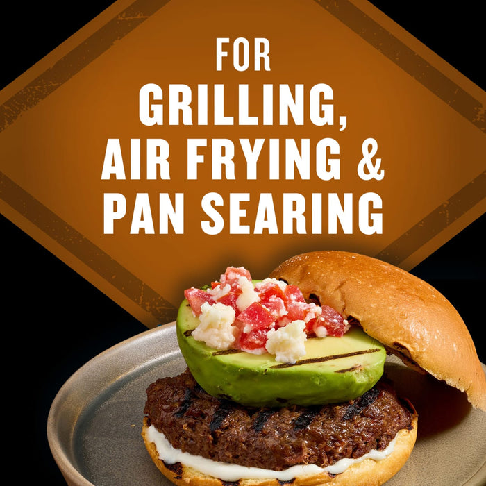 This image promotes grilling, air frying, and pan searing, featuring a burger with avocado and toppings.