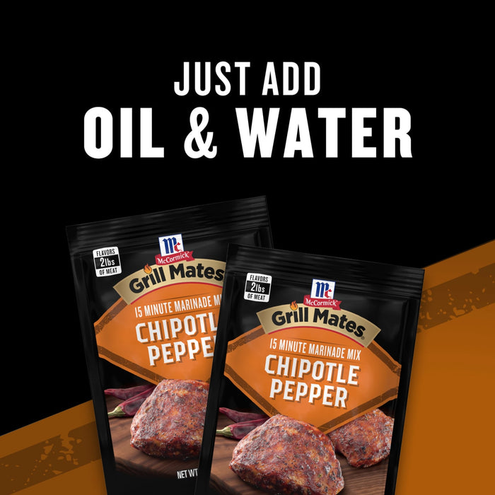 A package of Grill Mates Chipotle Pepper marinade mix with the text Just Add Oil &amp; Water above it.