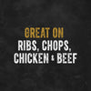 A graphic promoting Cattlemen'S Cattleman'S Bbq Kentucky Bourbon (Case Of 2), featuring the text Great On Ribs, Chops, Chicken &amp; Beef in distressed gold and white fonts on a dark, textured background.