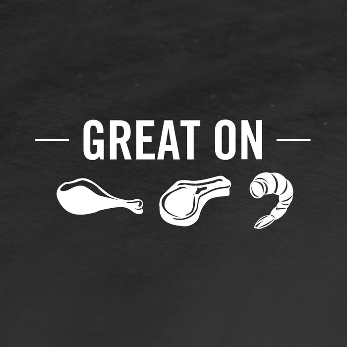 A white illustration of a chicken leg steak and shrimp with the text Great On on a black background