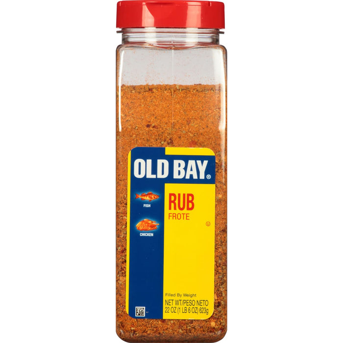 A jar of Old Bay Rub seasoning for fish and chicken.