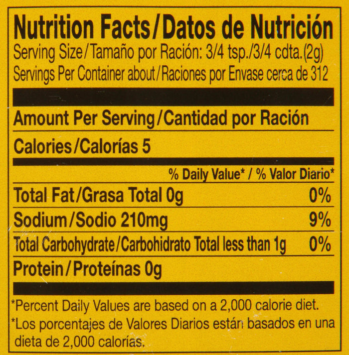 Nutrition facts label for a product with 0g of fat, 210mg of sodium, less than 1g of carbohydrates, and 0g of protein.