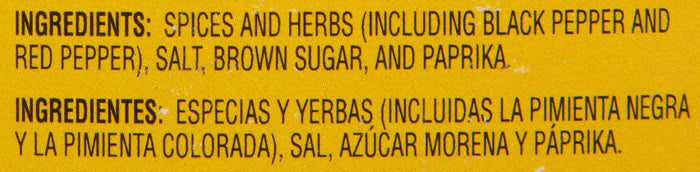 Ingredients for a product are listed in English and Spanish.