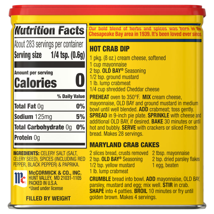 A yellow container of Old Bay Seasoning with recipes for Maryland Crab Cakes, Hot Crab Dip and Steamed Shrimp.