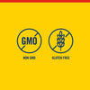Two blue icons on a yellow background, one says Non GMO and the other says Gluten Free.