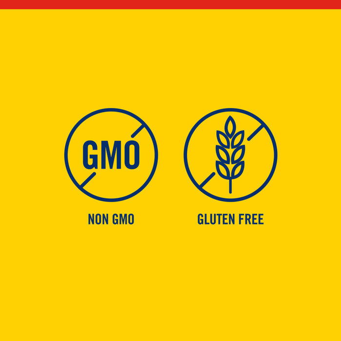 Two blue icons on a yellow background, one says Non GMO and the other says Gluten Free.