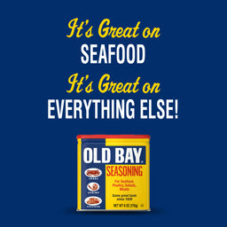 A yellow and red can of Old Bay Seasoning with the tagline It\'s Great on Seafood, It\'s Great on Everything Else!