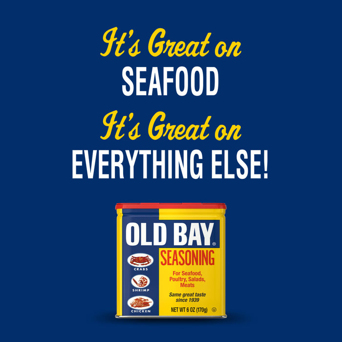 A yellow and red can of Old Bay Seasoning with the tagline It\'s Great on Seafood, It\'s Great on Everything Else!