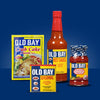 Old Bay brand products including crab cake mix, seasoned coating mix, hot sauce, cocktail sauce and seasoning.