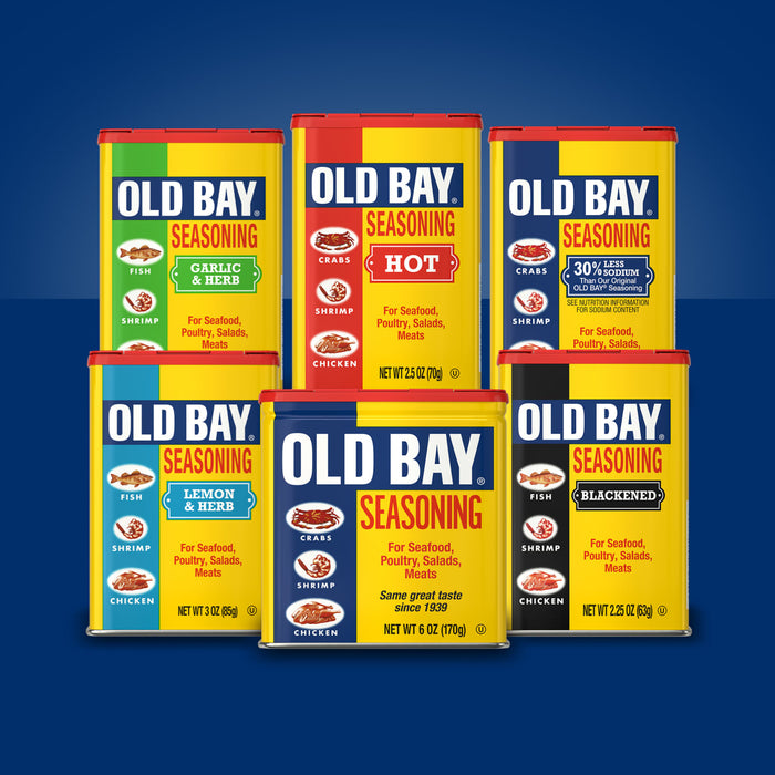 Six different Old Bay seasoning containers are shown.