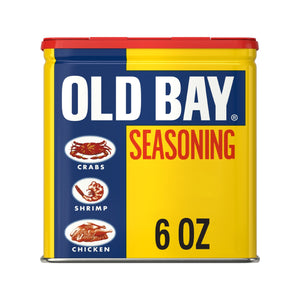 A container of Old Bay Seasoning with a red lid and a yellow and blue label.
