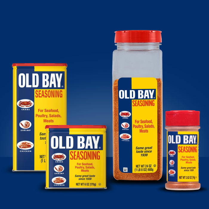 Four different sizes of Old Bay Seasoning, a popular spice blend for seafood, poultry, salads, and meats.