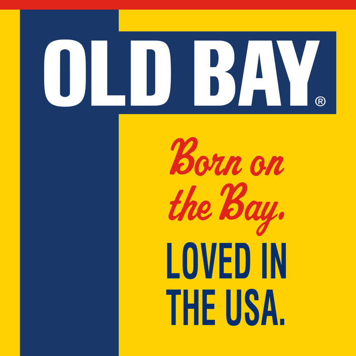 A graphic illustration for Old Bay Regular Crab Cake Seasoning Mix 1.24 Oz featuring the iconic blue and yellow brand colors with the slogan Born on the Bay Loved in the USA.