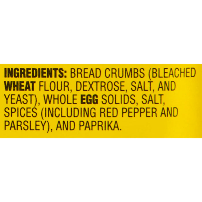 A list of ingredients for a product, including bread crumbs, wheat flour, dextrose, salt, yeast, egg solids, red pepper, parsley, and paprika.