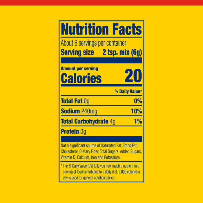 An infographic displays the nutrition facts for Old Bay Regular Crab Cake Seasoning Mix 1.24 Oz, showing 20 calories and 240 milligrams of sodium per serving.