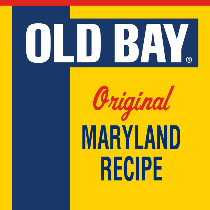 A graphic illustration of the iconic yellow and blue label for Old Bay Regular Crab Cake Seasoning Mix 1.24 Oz featuring the words Original Maryland Recipe in red and blue text.