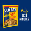 A yellow packet of Old Bay Regular Crab Cake Seasoning Mix 1.24 Oz is displayed against a dark blue background with text stating it is ready in 20 minutes.