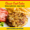 A golden brown crab cake served with crinkle cut fries and a tomato slice as a serving suggestion for Old Bay Regular Crab Cake Seasoning Mix 1.24 Oz.