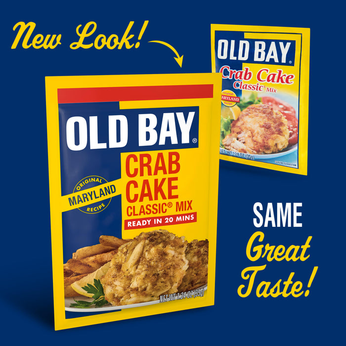 A promotional graphic showcases the new packaging for Old Bay Regular Crab Cake Seasoning Mix 1.24 Oz alongside its previous design to highlight the updated look while promising the same great taste.