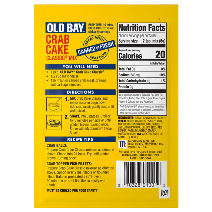 The back of a yellow package of Old Bay Regular Crab Cake Seasoning Mix 1.24 Oz displays nutrition facts, ingredients, and step-by-step cooking directions for crab cakes and other seafood recipes.