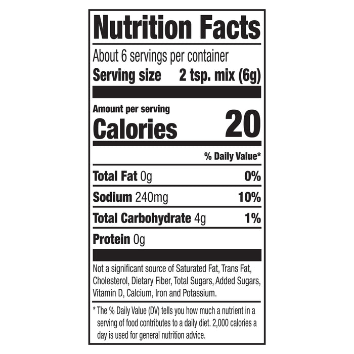 A nutrition facts label for Old Bay Regular Crab Cake Seasoning Mix 1.24 Oz shows that a single serving of two teaspoons contains 20 calories and 240 milligrams of sodium.