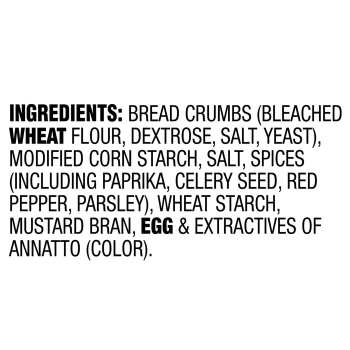 A list of ingredients for Old Bay Regular Crab Cake Seasoning Mix 1.24 Oz including bread crumbs, wheat flour, spices like paprika and celery seed, and egg.