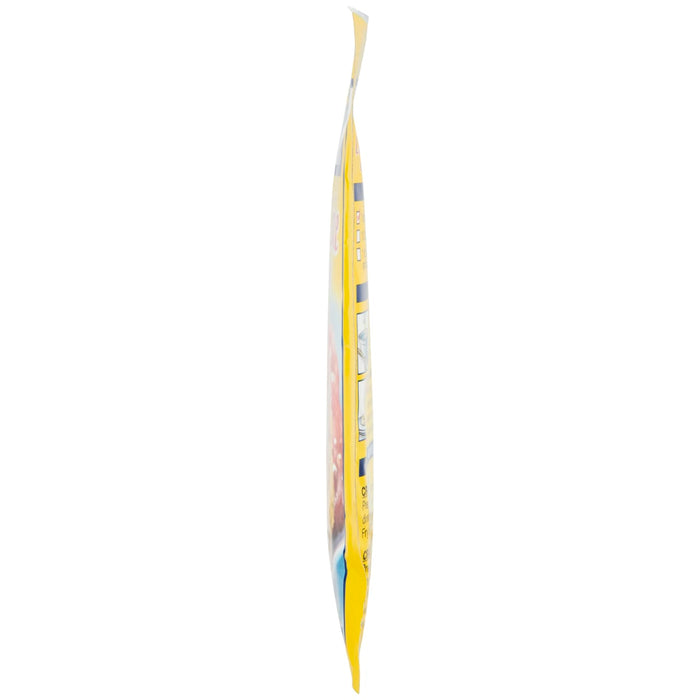A side view of a yellow bag of Crunch Berries cereal.