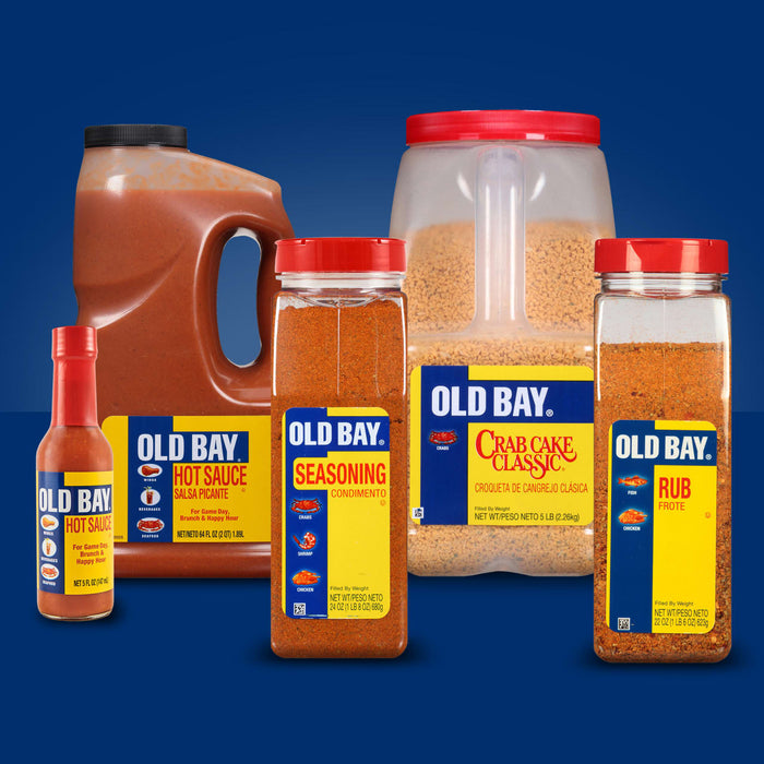 Old Bay brand hot sauce, seasoning, crab cake mix and rub.