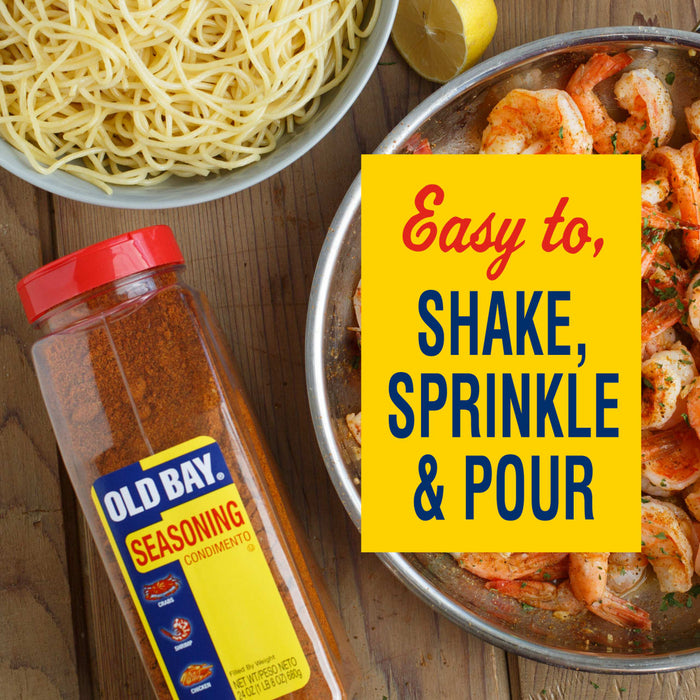 A bottle of Old Bay Seasoning sits next to a pan of shrimp seasoned with Old Bay, with the text 'Easy to, Shake, Sprinkle &amp; Pour' on a yellow background.