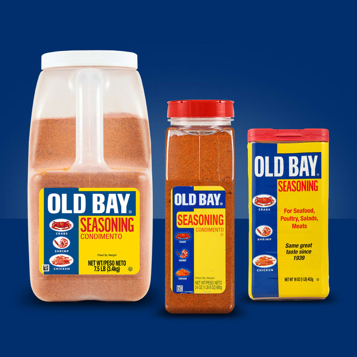 Three different sizes of Old Bay Seasoning, a popular spice blend for seafood, poultry, and other dishes.