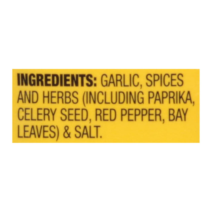 A yellow label with the ingredients for a seasoning blend including garlic spices and herbs.
