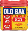 A jar of Old Bay Hot Seasoning for seafood poultry salads and meats.