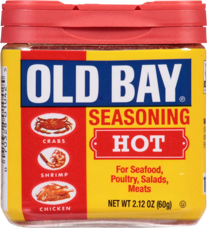A jar of Old Bay Hot Seasoning for seafood poultry salads and meats.