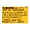 A list of ingredients for a product including salt spices herbs and lemon juice.